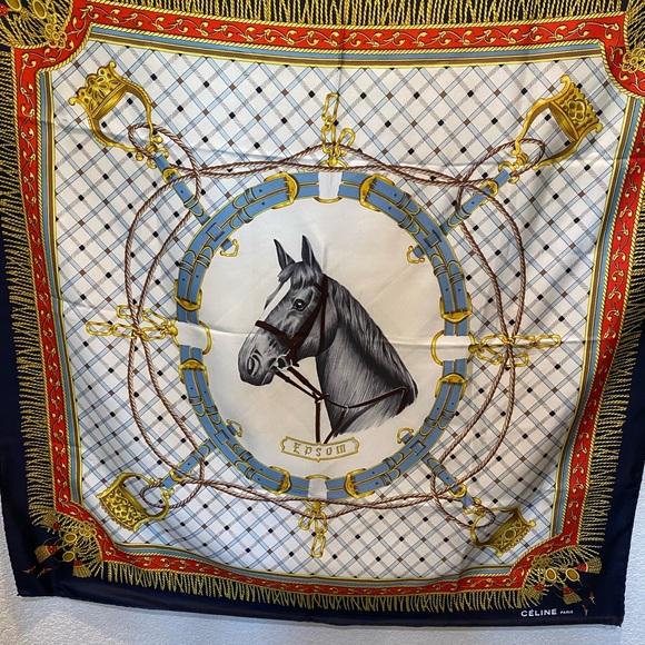 Authentic Celine Silk Scarf - Red, Blue, Gold. Excellent preown condition - Picture 1 of 6